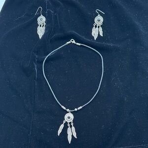 Motorcycle Silver Feather Necklace and Earring Set
